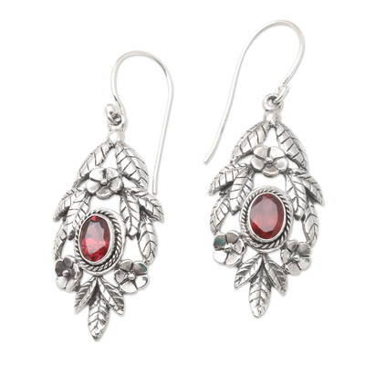 Garnet and Sterling Silver Floral Dangle Earrings