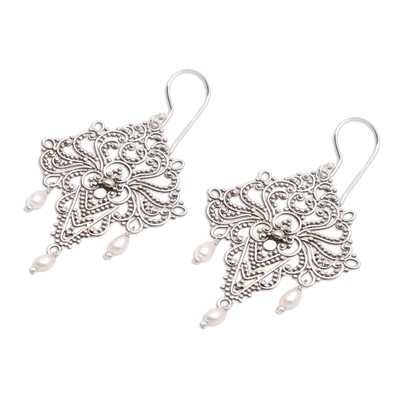 Cultured pearl dangle earrings, 'Abstract Sea' - Sterling Silver and Cultured Pearl Dangle Earrings