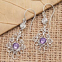 Amethyst dangle earrings, 'Moringa Leaves in Purple' - Amethyst and Sterling Silver Dangle Earrings