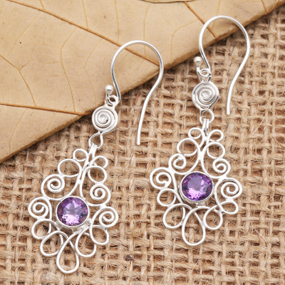 Amethyst dangle earrings, Moringa Leaves in Purple