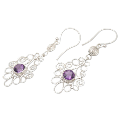 Amethyst dangle earrings, 'Moringa Leaves in Purple' - Amethyst and Sterling Silver Dangle Earrings