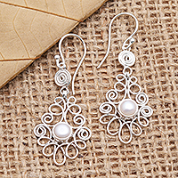 Cultured pearl dangle earrings, 'Moringa Leaves in White' - Cultured Freshwater Pearl Sterling Silver Dangle Earrings