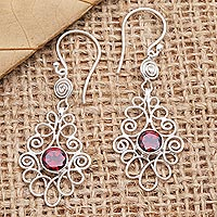 Garnet dangle earrings, 'Moringa Leaves in Red' - Garnet and Sterling Silver Dangle Earrings