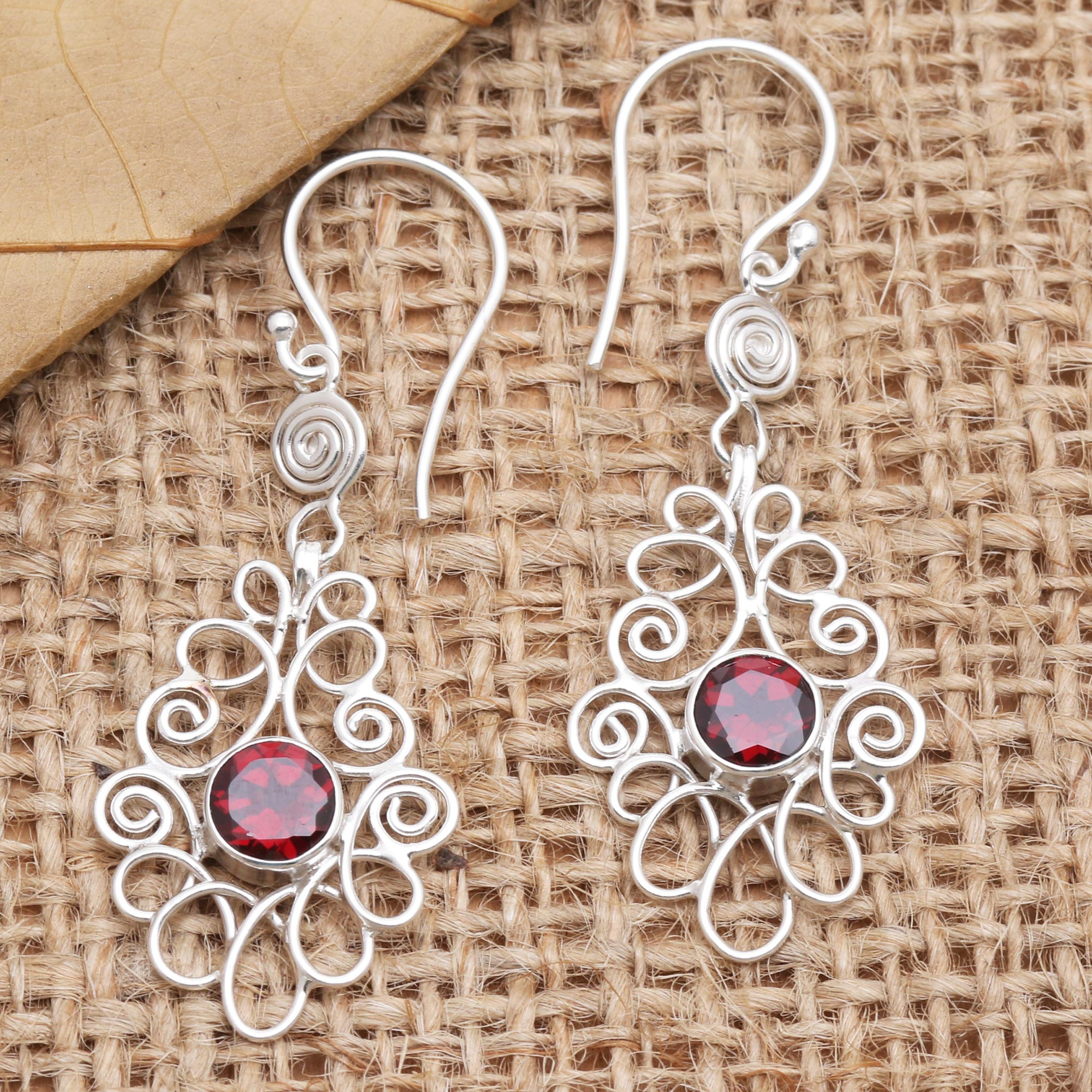 Garnet and Sterling Silver Dangle Earrings, 'Moringa Leaves in Red'