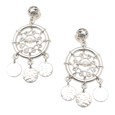 Cultured pearl dangle earrings, 'Dream Charmer in White' - Sterling Silver Dreamcatcher Dangle Earrings