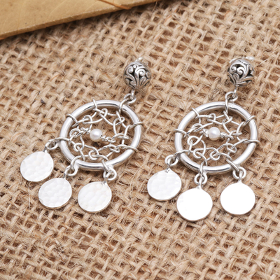 Cultured pearl dangle earrings, 'Dream Charmer in White' - Sterling Silver Dreamcatcher Dangle Earrings