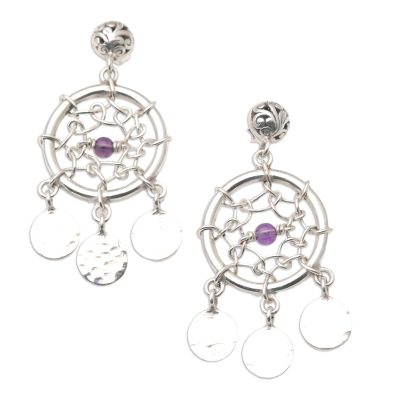 Amethyst dangle earrings, 'Dream Charmer in Purple' - Sterling Silver and Amethyst Dreamcatcher Earrings