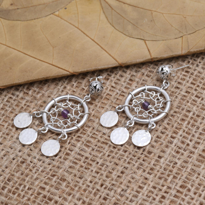Amethyst dangle earrings, 'Dream Charmer in Purple' - Sterling Silver and Amethyst Dreamcatcher Earrings