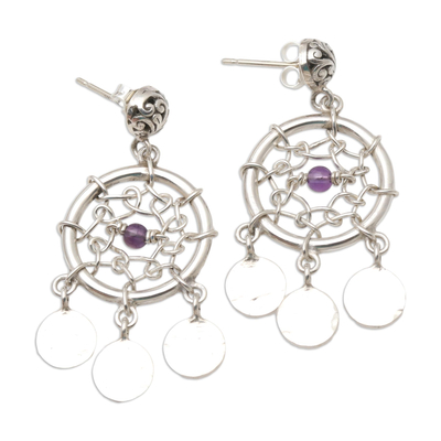 Amethyst dangle earrings, 'Dream Charmer in Purple' - Sterling Silver and Amethyst Dreamcatcher Earrings