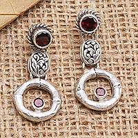 Garnet dangle earrings, 'Red Bamboo' - Sterling Silver and Garnet Javanese Dangle Earrings