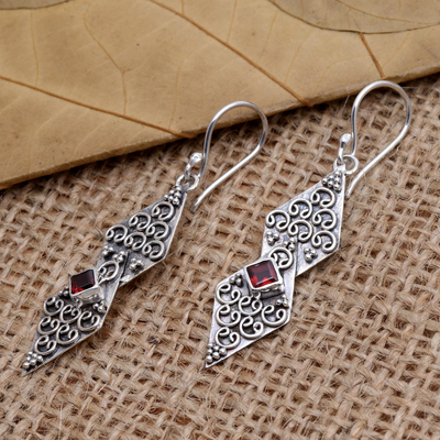 Garnet dangle earrings, 'Double Kite in Red' - Hand Crafted Sterling Silver and Garnet Dangle Earrings