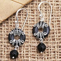 Onyx dangle earrings, 'Sumatra Swing' - Hand Crafted Sterling Silver and Onyx Dangle Earrings