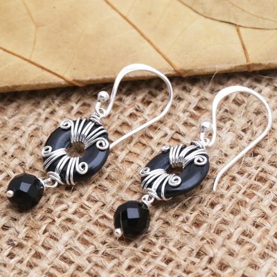 Onyx dangle earrings, 'Sumatra Swing' - Hand Crafted Sterling Silver and Onyx Dangle Earrings