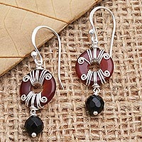 Onyx and carnelian dangle earrings, 'Sumatra Swing' - Handmade Carnelian and Onyx Dangle Earrings