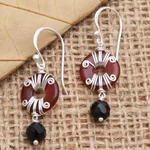 Onyx and carnelian dangle earrings, 'Sumatra Swing' - Handmade Carnelian and Onyx Dangle Earrings