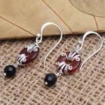 Onyx and carnelian dangle earrings, 'Sumatra Swing' - Handmade Carnelian and Onyx Dangle Earrings