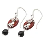 Onyx and carnelian dangle earrings, 'Sumatra Swing' - Handmade Carnelian and Onyx Dangle Earrings