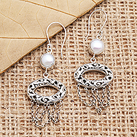 Cultured pearl dangle earrings, 'Buyan Lake in White' - Artisan Made Sterling Silver and Cultured Pearl Earrings