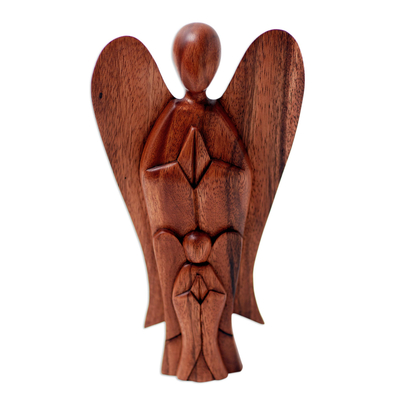 Wood statuette, 'Mother and Child Angels' - Handcrafted Suar Wood Angel Sculpture