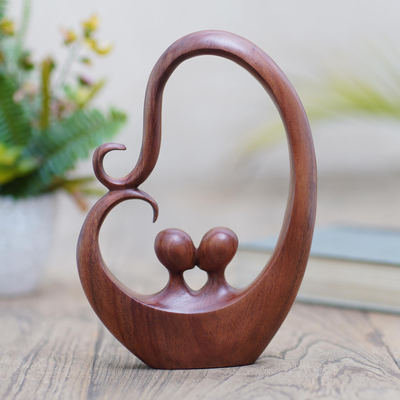 Wood statuette, 'Honeymoon Story' - Handcrafted Suar Wood Romantic Sculpture
