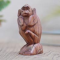Wood statuette, 'Monkey Forest' - Hand Carved Suar Wood Monkey Sculpture