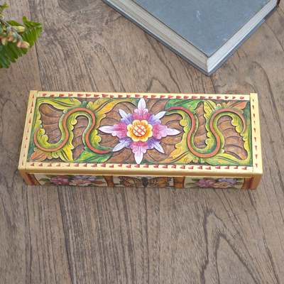 Hand-painted crocodile wood jewelry box, 'Butterfly Blooms' - Hand-Painted Crocodile Wood Butterfly Jewelry Box