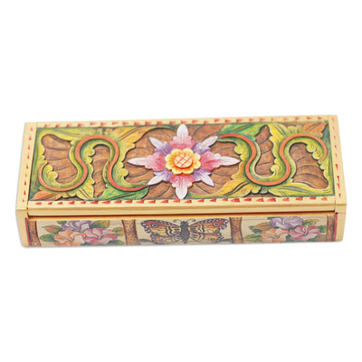 Hand-painted crocodile wood Jewellery box, 'Butterfly Blooms' - Hand-Painted Crocodile Wood Butterfly Jewellery Box