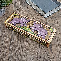 Hand-painted crocodile wood Jewellery box, 'Sumatra Elephants' - Hand-Painted Crocodile Wood Elephant Jewellery Box