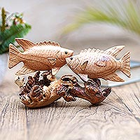 Wood statuette, 'Baby Matsya Fish' - Hand Carved Jempinis Wood Fish Statuette