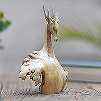 Wood statuette, 'Menjangan' - Hand Carved Benalu Wood Deer Statuette