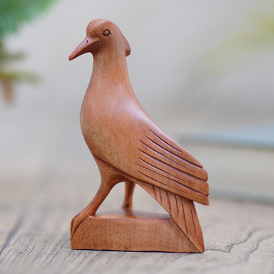 Wood statuette, 'Baby Dove' - Hand Made Suar Wood Bird Sculpture