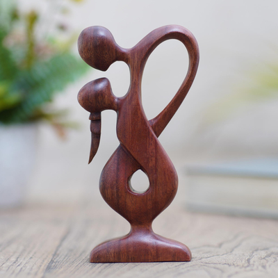 Wood statuette, 'Downpour' - Hand Made Suar Wood Figure Sculpture
