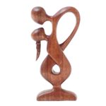 Wood statuette, 'Downpour' - Hand Made Suar Wood Figure Sculpture