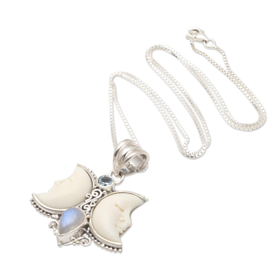 Halskette mit Anhänger aus Blautopas und Regenbogenmondstein - Halbmond-Halskette aus Blautopas und Sterlingsilber