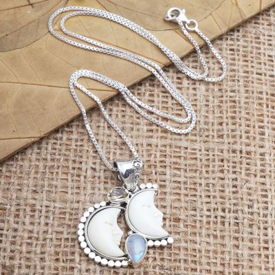 Citrine and rainbow moonstone pendant necklace, 'Light by Night' - Hand Made Citrine and Rainbow Moonstone Pendant Necklace