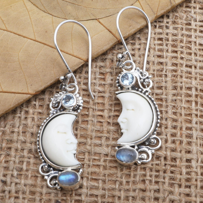 Blue topaz and rainbow moonstone dangle earrings, 'Blue Light' - Hand Crafted Blue Topaz and Rainbow Moonstone Earrings