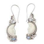 Blue topaz and rainbow moonstone dangle earrings, 'Blue Light' - Hand Crafted Blue Topaz and Rainbow Moonstone Earrings
