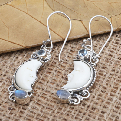 Aretes colgantes de topacio azul y piedra de luna arcoíris - Aretes artesanales de topacio azul y piedra lunar arcoíris