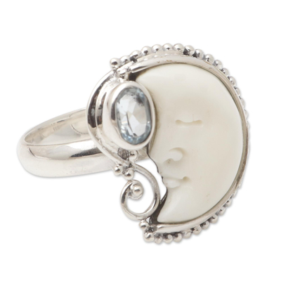 Blue topaz cocktail ring, 'Sleeping Moon' - Blue Topaz and Sterling Silver Crescent Moon Ring