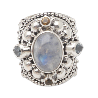 Multi-gemstone cocktail ring, 'Pale Frangipani' - Blue Topaz and Rainbow Moonstone Cocktail Ring
