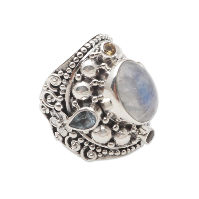 Multi-gemstone cocktail ring, 'Pale Frangipani' - Blue Topaz and Rainbow Moonstone Cocktail Ring