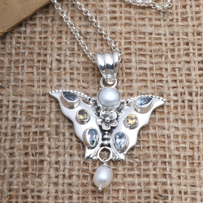 Multi-gemstone pendant necklace, 'Butterfly Park' - Cultured Pearl and Citrine Butterfly Pendant Necklace