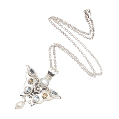Collar con colgante de múltiples piedras preciosas - Collar con colgante de mariposa de citrino y perlas cultivadas