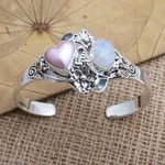Multi-gemstone cuff bracelet, 'Valentine Edition' - Handmade Cultured Pearl and Rainbow Moonstone Cuff Bracelet