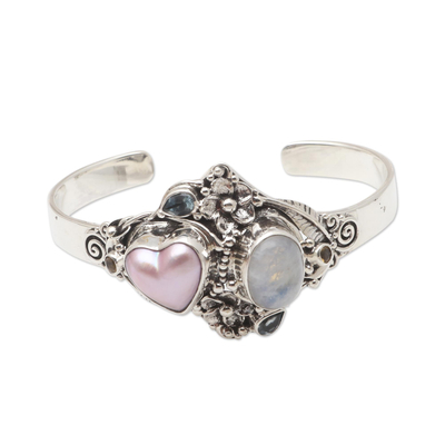 Multi-gemstone cuff bracelet, 'Valentine Edition' - Handmade Cultured Pearl and Rainbow Moonstone Cuff Bracelet