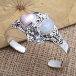 Multi-gemstone cuff bracelet, 'Valentine Edition' - Handmade Cultured Pearl and Rainbow Moonstone Cuff Bracelet