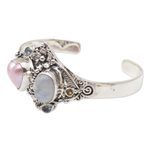 Multi-gemstone cuff bracelet, 'Valentine Edition' - Handmade Cultured Pearl and Rainbow Moonstone Cuff Bracelet