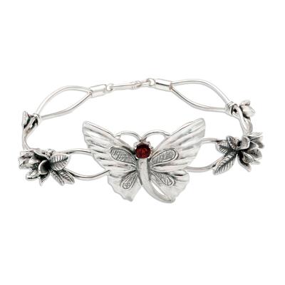 Sterling Silver and Garnet Butterfly-Themed Bangle Bracelet