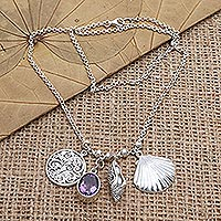 Amethyst pendant necklace, 'Ocean Trip' - Amethyst and Sterling Silver Shell-Motif Pendant Necklace
