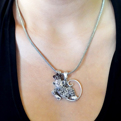 Garnet pendant necklace, 'Monkey Bars' - Garnet Monkey-Motif Pendant Necklace